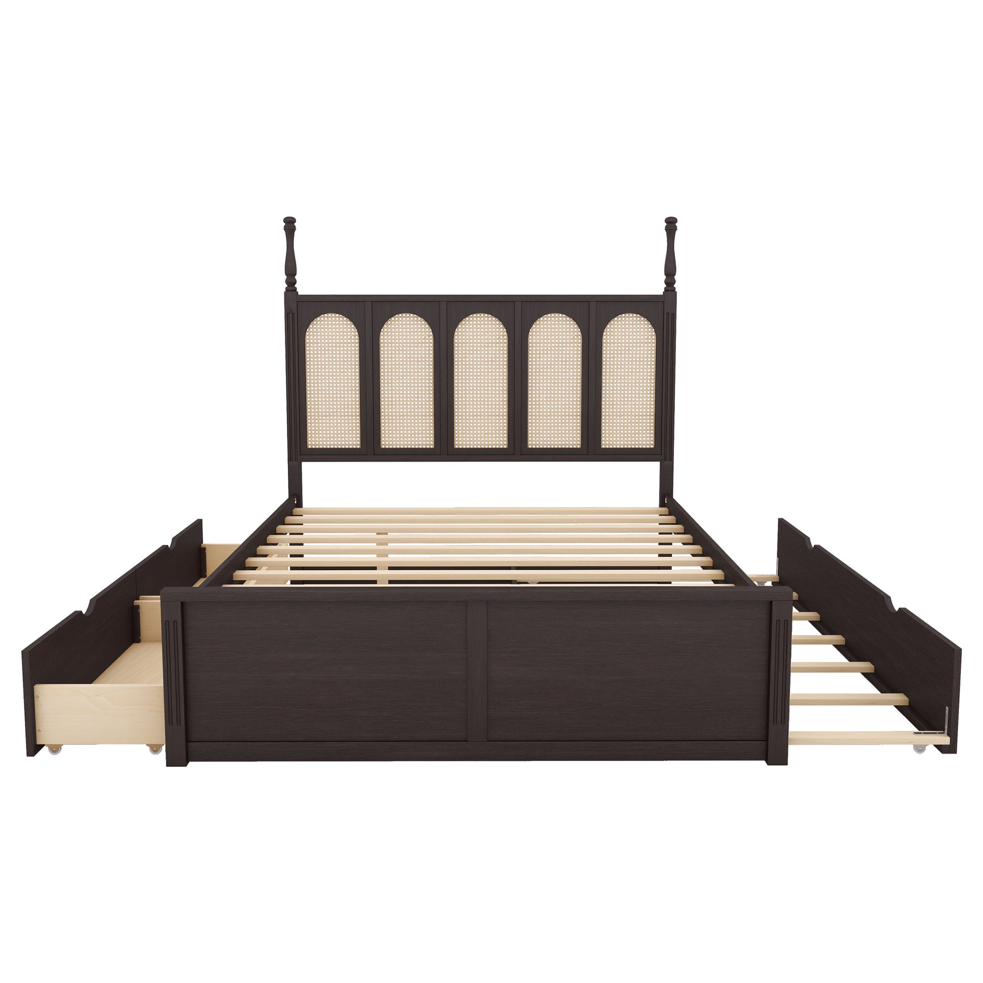 Queen Size Rattan Platform Bed With With 2 Big Drawers, T Size Trundle, Espresso Queen Espresso Plywood