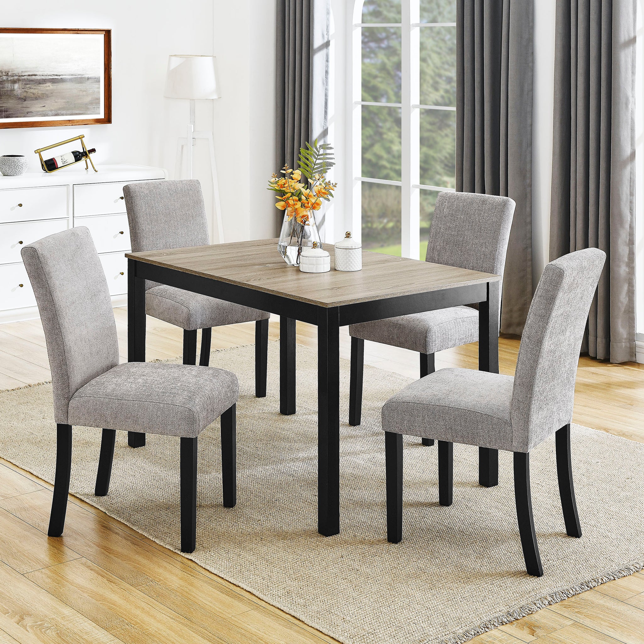 5Pc Contemporary Dining Set Rectangular Table Two Tone Finish Gray Upholstered Chairs Wooden Leg Dining Room Furniture Black Wood Wood Black,Brown,Gray Seats 4 Wood Dining Room 48 Inches