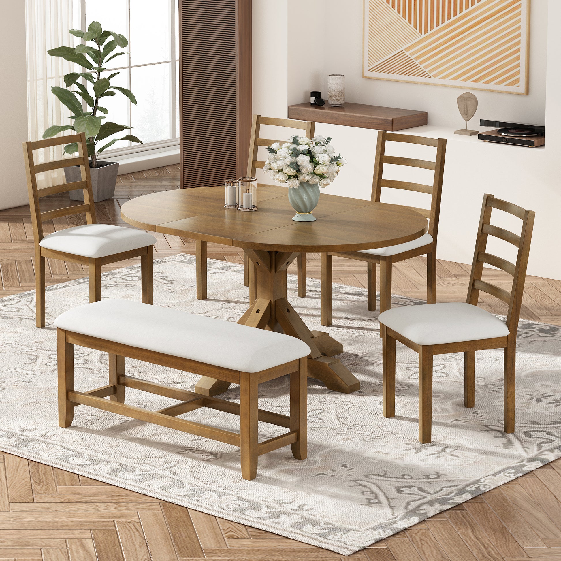 Farmhouse 6 Piece 60Inch Extendable Pedestal Dining Table Set With 18Inch Removable Leaf, 44Inch Bench And 4 Ladder Back Dining Chairs, Dark Brown Wood Dining Room Solid Wood Rubberwood Oval Dining Table With Bench Wood Wood Dark Brown Ladder Back Seats