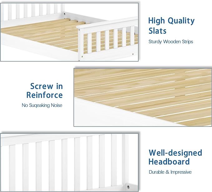 Queen Bed Frames With Headboard, Solid Wooden Platform Bed With Corner, Modern Low Profile Bed Frame, No Box Spring Needed, White Queen White Wood