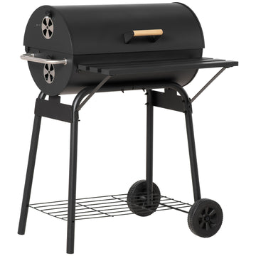 Outsunny 30" Portable Barrel Charcoal Bbq Grill, Steel Outdoor Barbecue Smoker With Storage Shelf, Wheels For Garden Camping Picnic, Black Black Carbon Steel