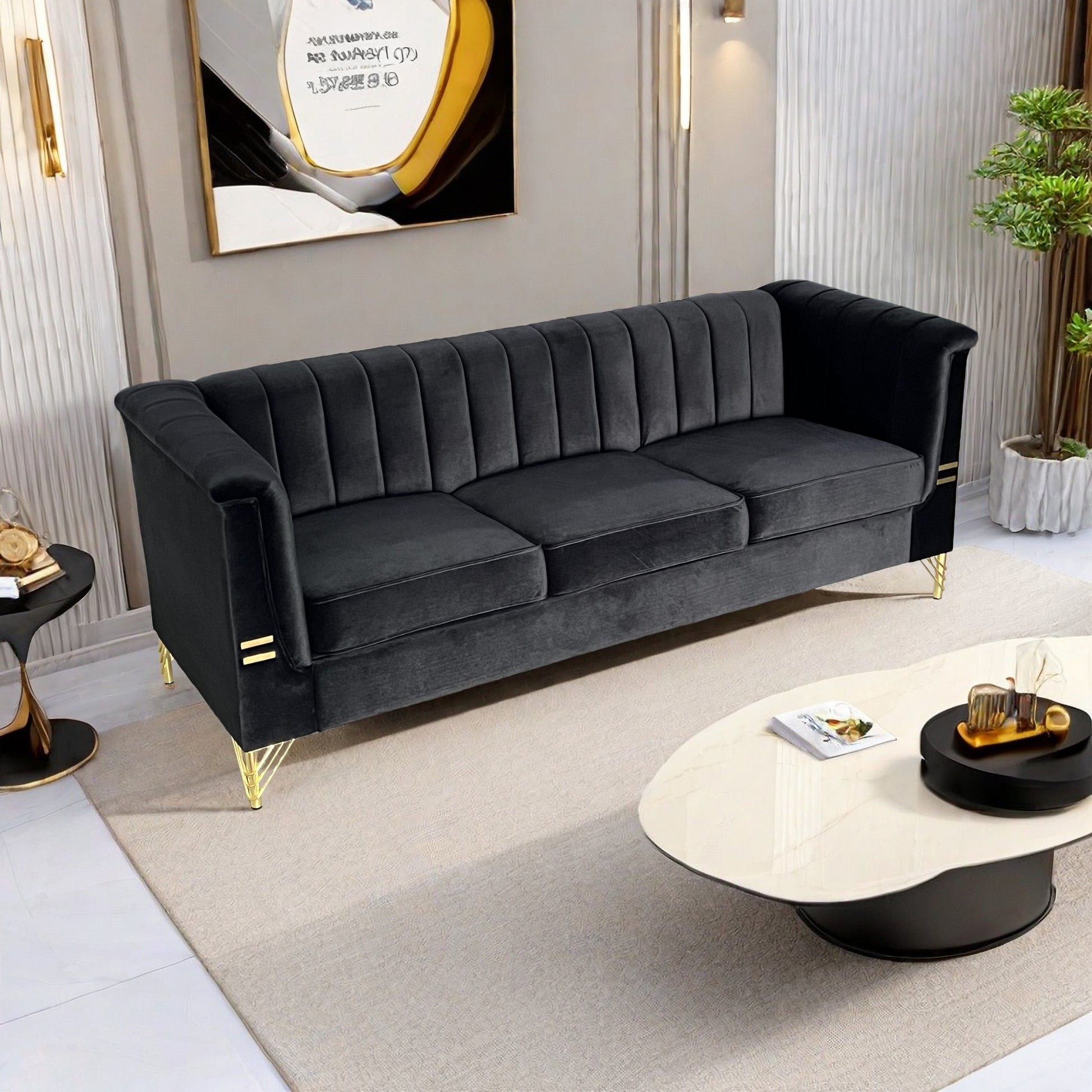 Fx P82 Bk Sofa Modern Sofa Couches For Living Room, 82.67Inches Velvet Velvet Tight Back Chesterfield Design Couch Upholstered Sofa With Metal Legs Decor Furniture For Bedroom Black Velvet 3 Seat