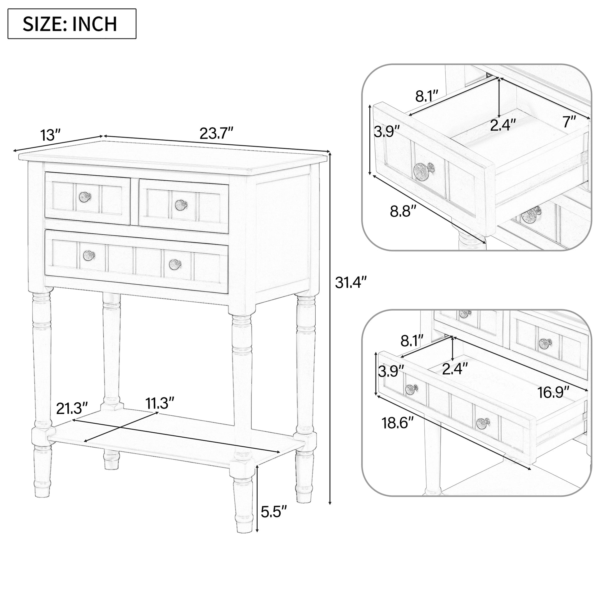 Narrow Console Table, Slim Sofa Table With Three Storage Drawers And Bottom Shelf Natural Natural Solid Wood Mdf