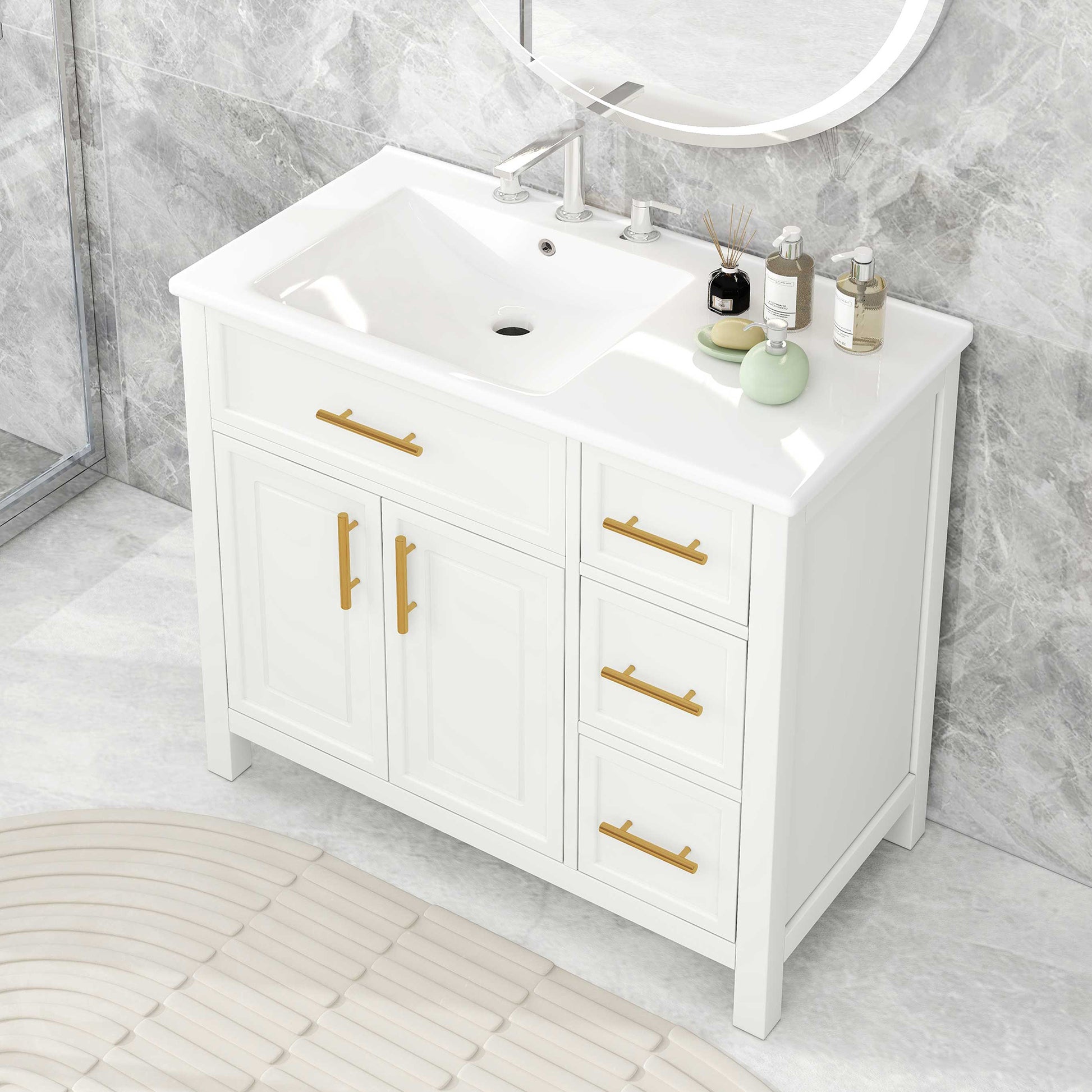 36" Bathroom Vanity With Sink Top, Bathroom Vanity Cabinet With Two Doors And Three Drawers, Solid Woodmdf Boards ,One Package, White White Solid Wood Mdf