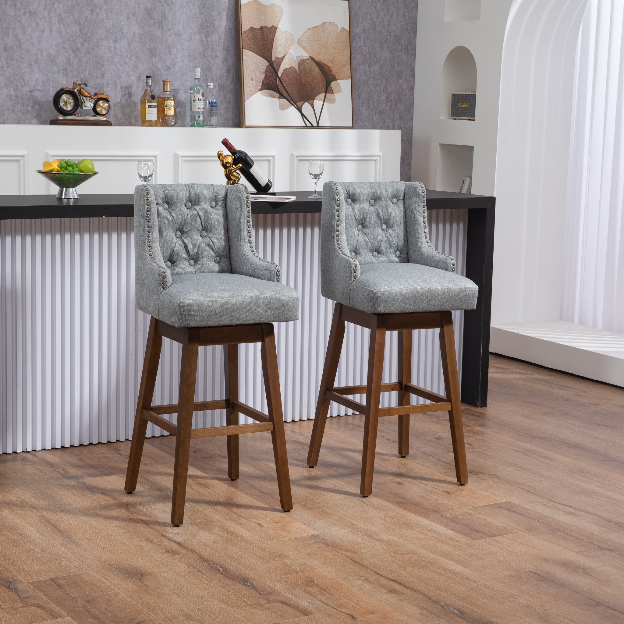 Coolmore Bar Stools Set Of 2 Counter Height Chairs With Footrest For Kitchen, Dining Room And 360 Degree Solid Wood Legs Swivel Bar Stools Set Of 2 Gary Linen Gray Foam Linen