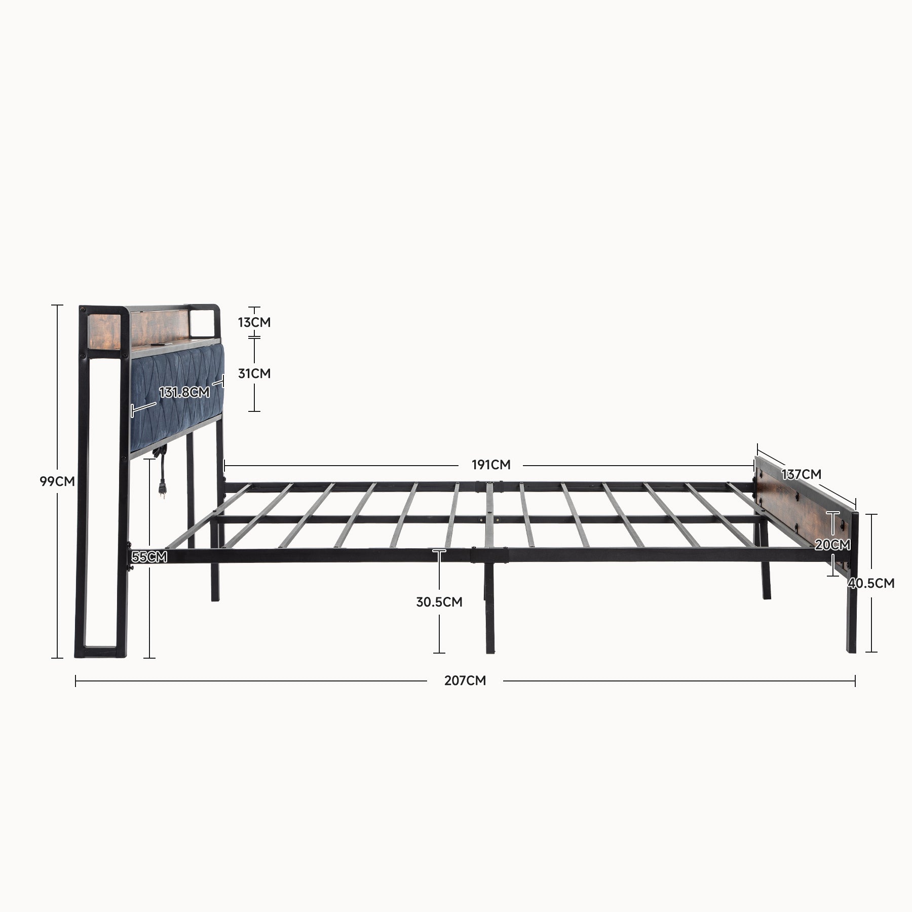 Black Full Metal Bed Frame With Upholstered Headboard And Footboard And Iron Slats, Rustic Bed Base, Heavy Duty Platform Bed Frame,12 Inch Underbed Storage No Springs Required Box Spring Required Full Black Dark Walnut Metal Brown Bedroom