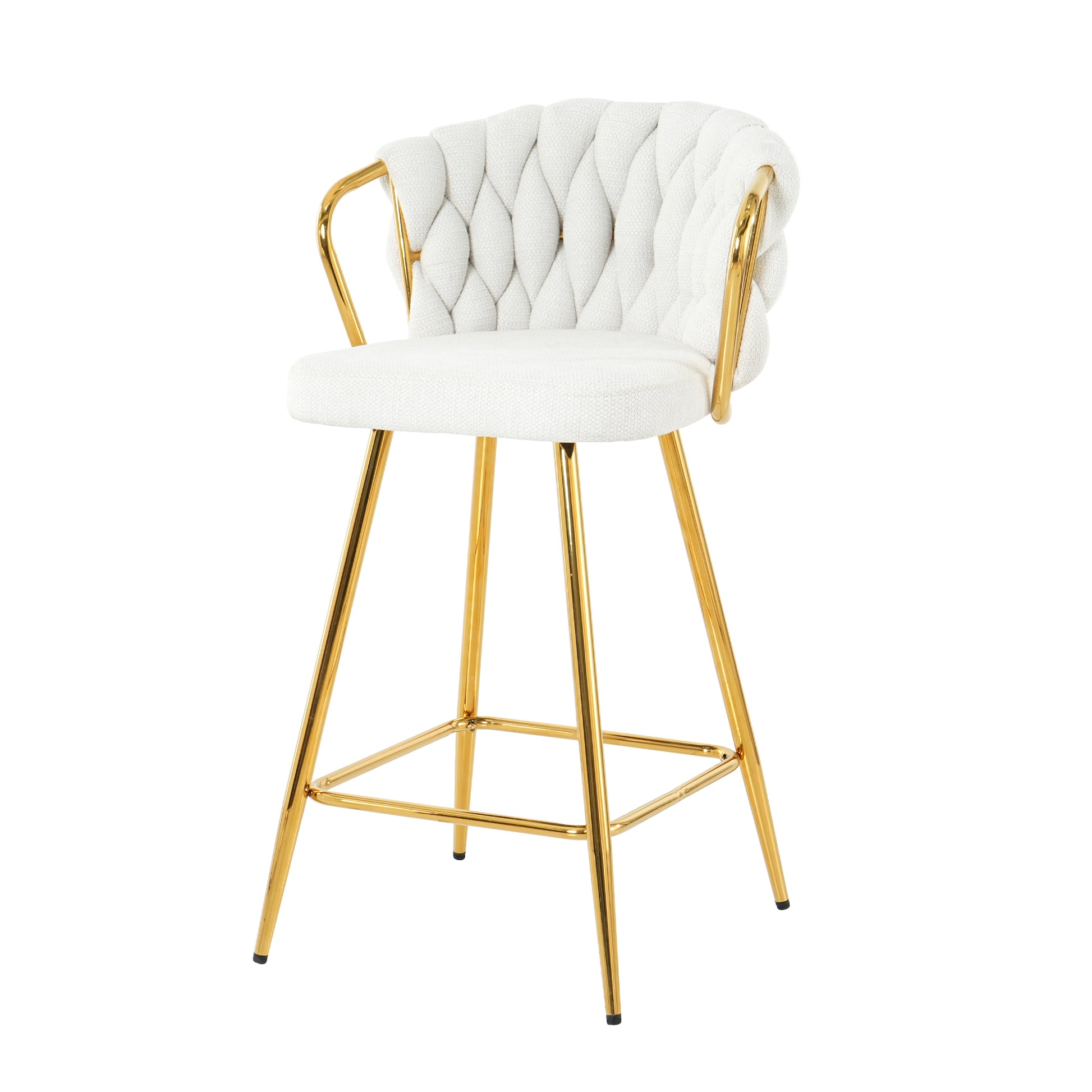 Modern Design High Stool Gold Plated Legs Kitchen Dining White Linen Bar Chair, Suitable For Cafe Bar Restaurant Set Of 2 Metal White Flannelette