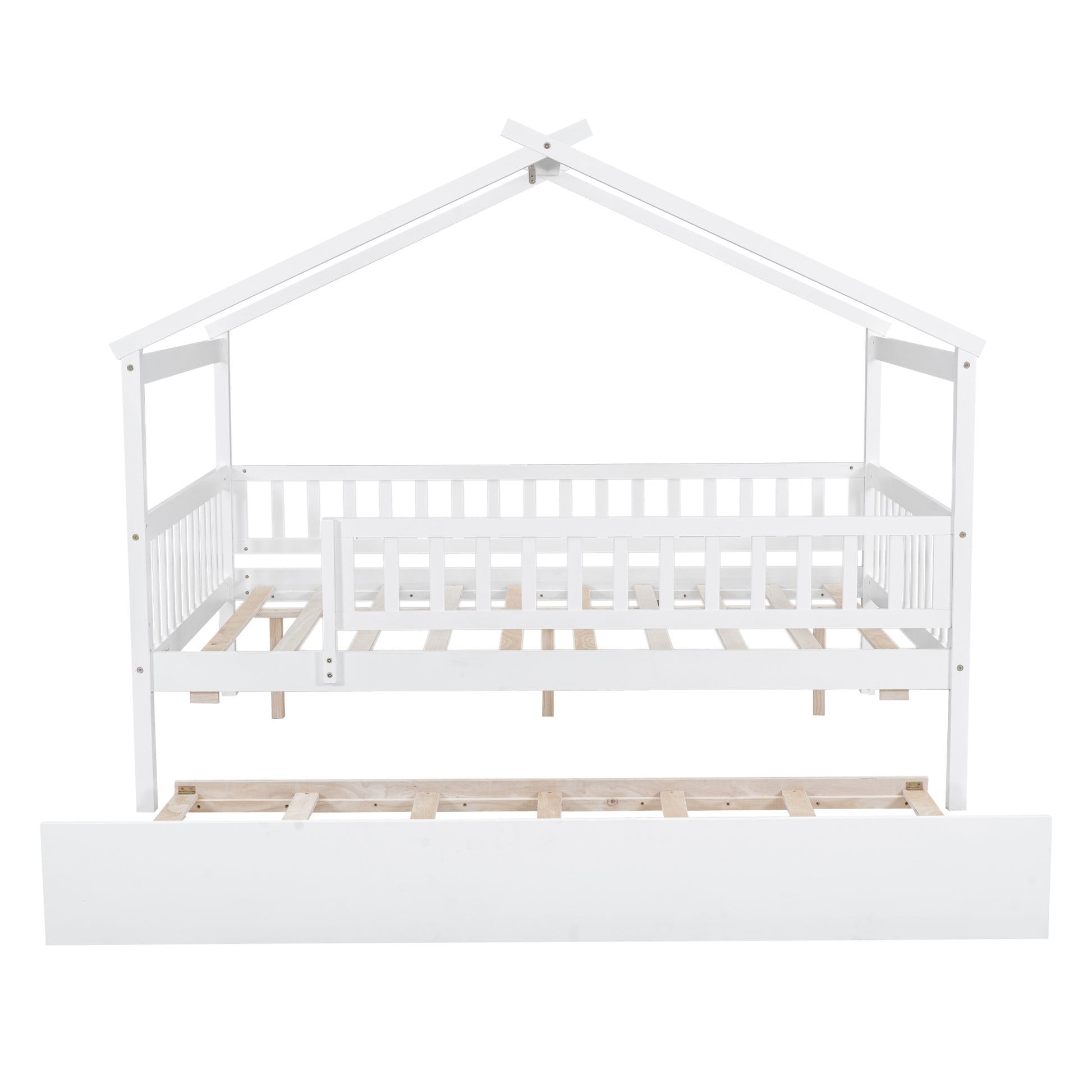 Full Size Wooden House Bed With Twin Size Trundle, White Full White Solid Wood Mdf