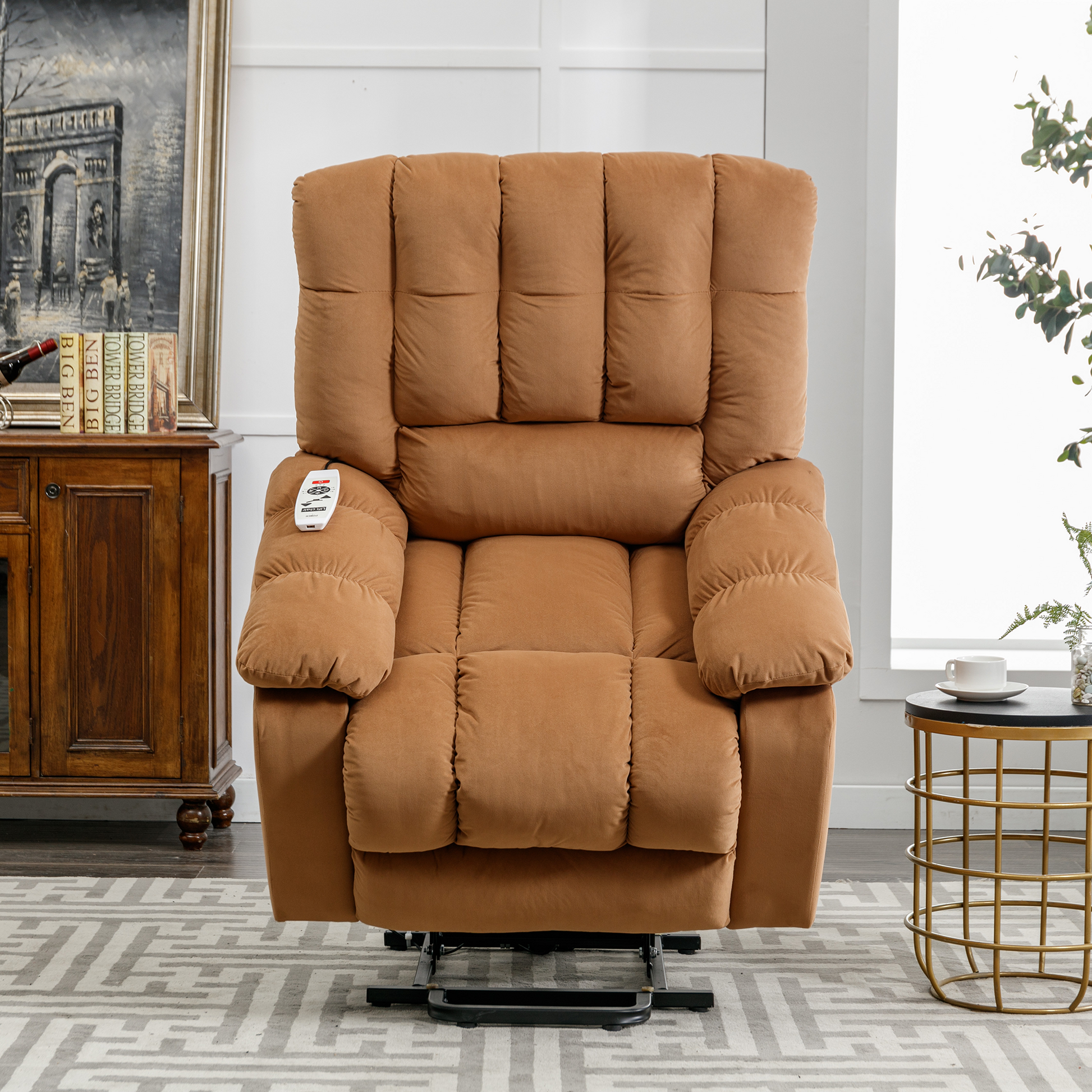 Massage Recliner Chair Electric Power Lift Recliner Chairs With Heat, Vibration, Side Pocket For Living Room, Bedroom, Light Brown Light Brown Velvet