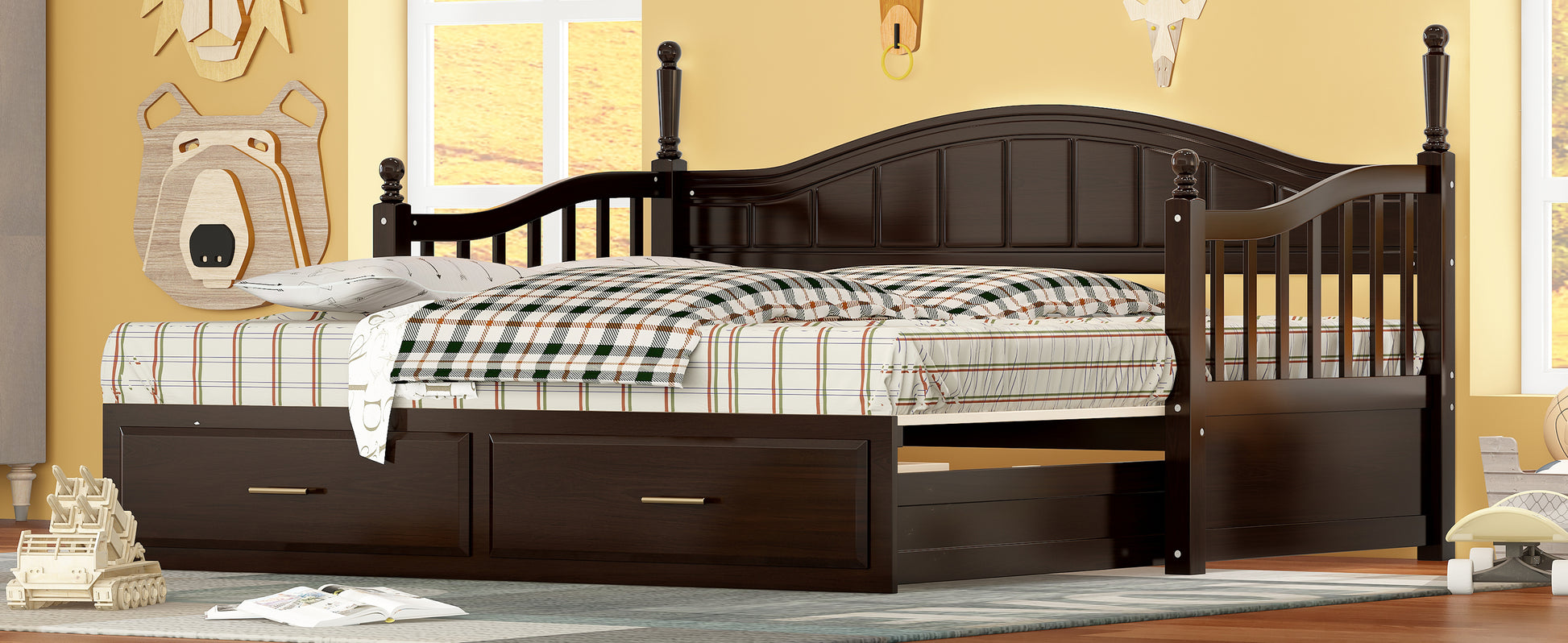Wooden Twin Size Daybed With Twin Size Trundle, Extendable Daybed With Two Storage Drawers, Espresso Expected Arrival Time:9.12 Twin Espresso Wood