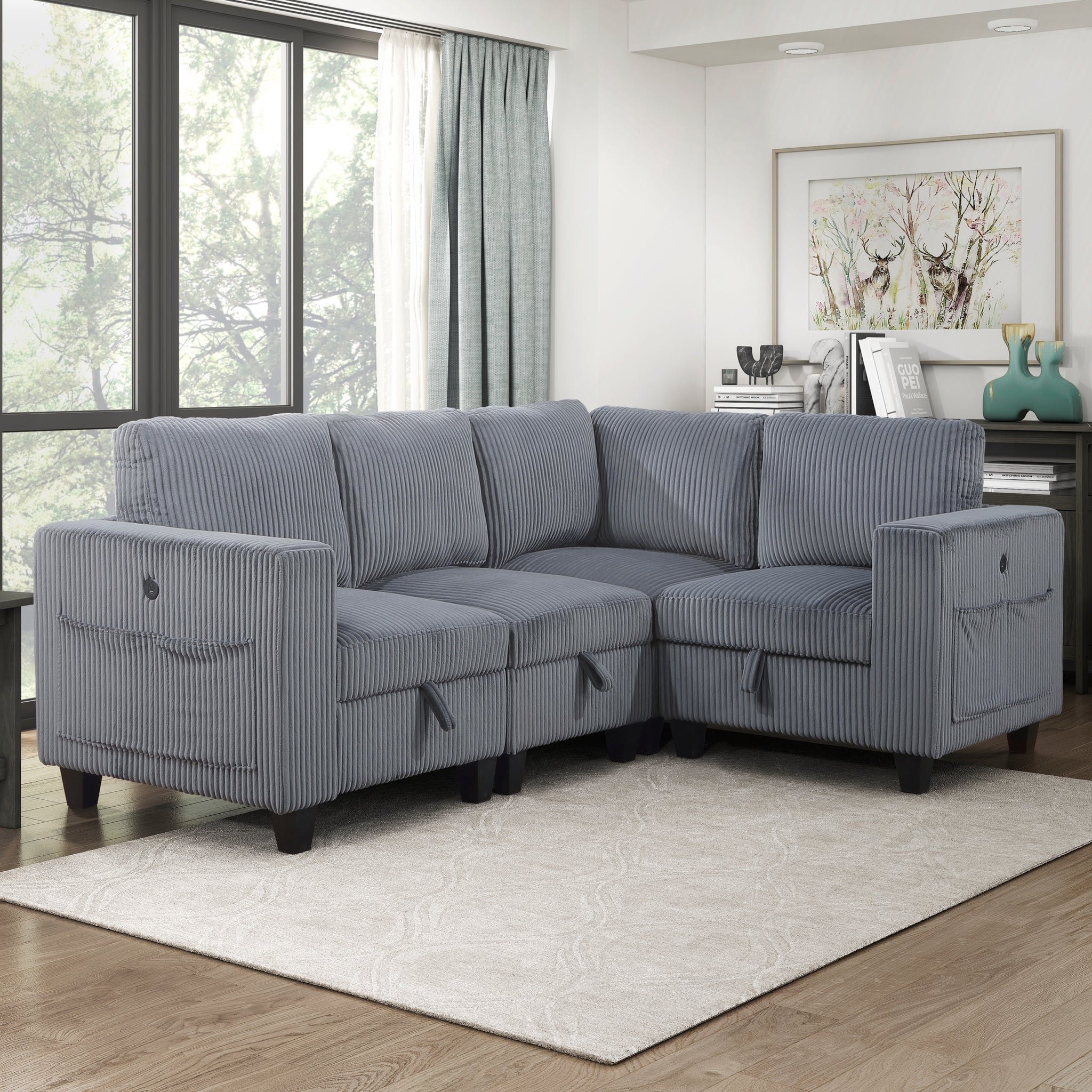 4 Piece Modular Sectional With Storage Seats, Side Pockets, Charging Ports Dark Gray Corduroy Fabric Modern Living Room Sectional Couch Solid Wood Furniture Dark Gray Polyester Wood Primary Living Space Modern Solid Wood 4 Seat