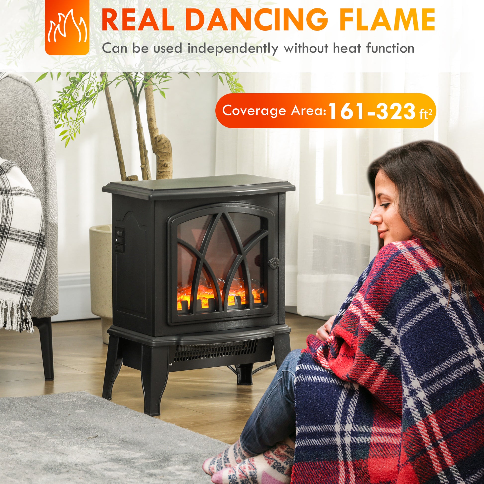 Homcom Electric Fireplace Stove, 18" Freestanding Fireplace Heater With Realistic Flame, Overheating Protection, Portable, 750W 1500W, Black Black Plastic