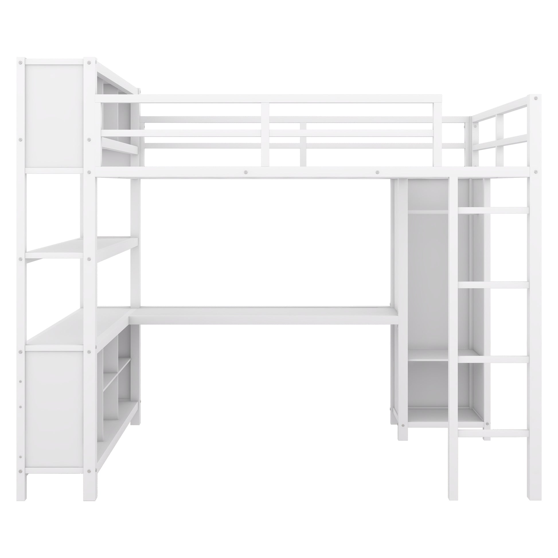 Metal Loft Bed With Wardrobe And L Shaped Desk, Full Size Loft Bed With Storage Cubes And Shelves, Heavy Duty Loft Bed For Kids Teens Adults, White Pre Sale Date: August 10Th Full Off White Metal