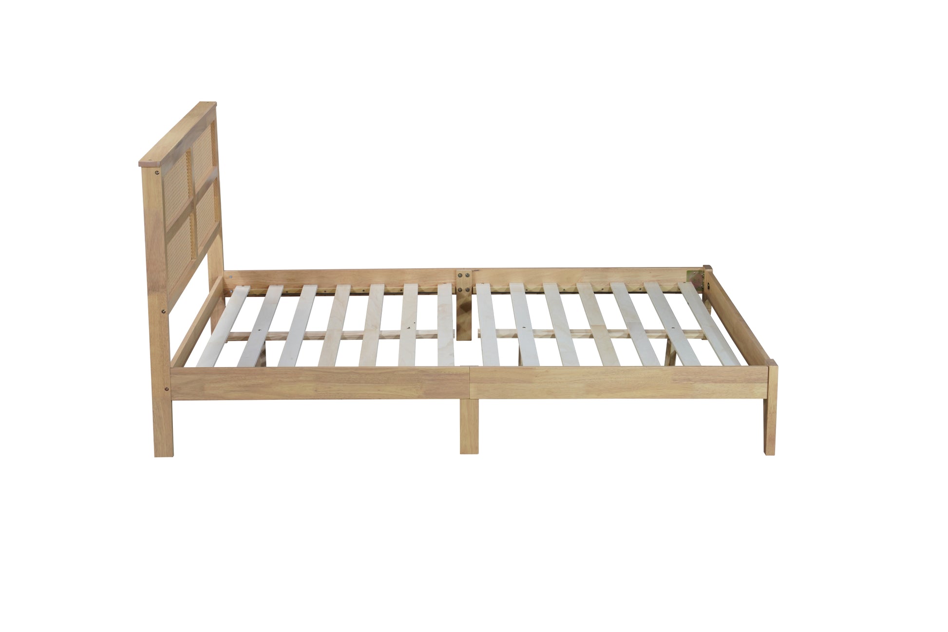 Queen Size Rubber Wooden, Solid Wooden Bed With Rattan Headboard, Enhanced By Support Feet Queen Natural American Design Rubber Wood