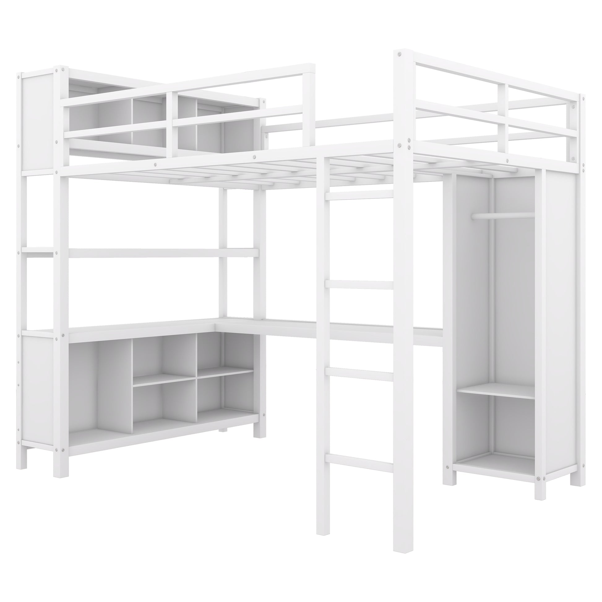 Metal Loft Bed With Wardrobe And L Shaped Desk, Full Size Loft Bed With Storage Cubes And Shelves, Heavy Duty Loft Bed For Kids Teens Adults, White Pre Sale Date: August 10Th Full Off White Metal