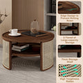 2 Tiered Round Walnut Wood Coffee Table With Storage Rattan Base In 31.3'' Walnut Rubber Wood