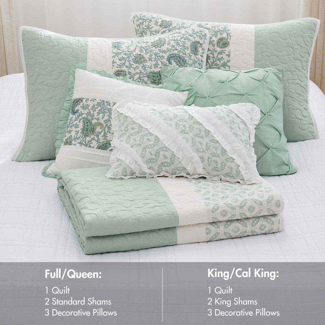 6 Piece Cotton Percale Quilt Set With Throw Pillows Aqua Full Queen Full Aqua Polyester