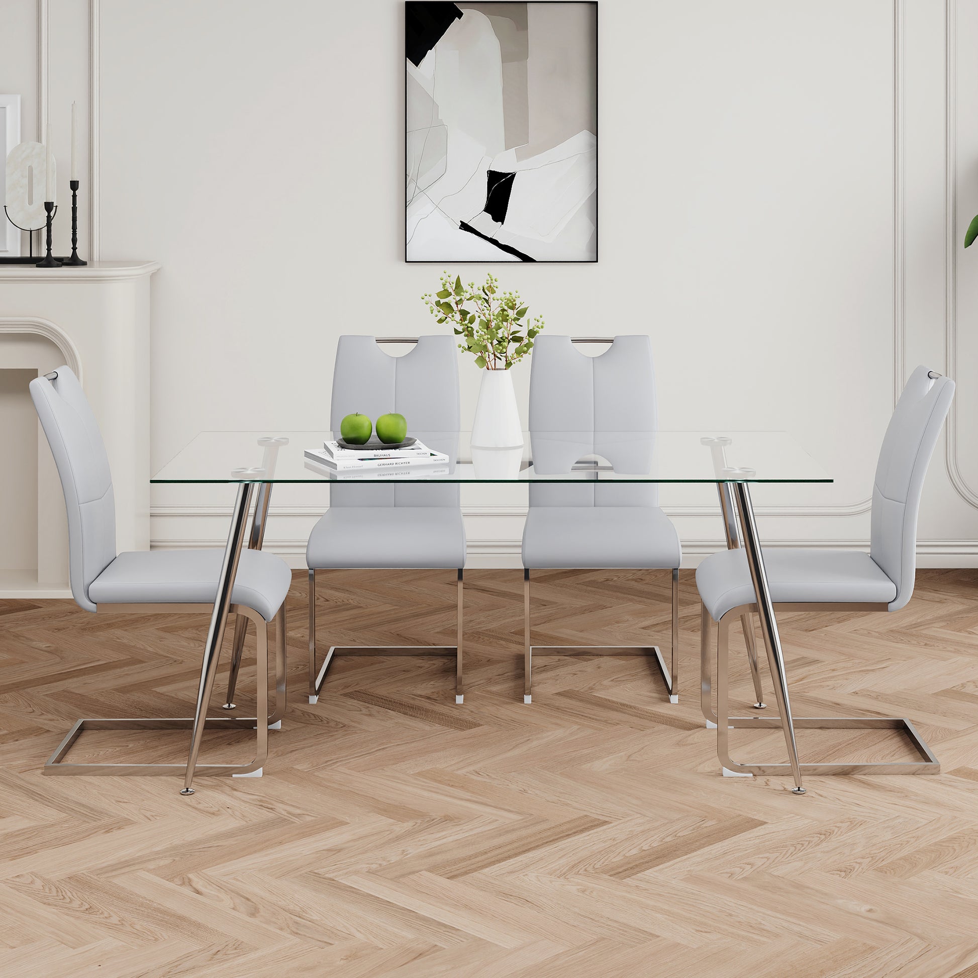Modern Simple Rectangular Glass Dining Table, Solid Tempered Glass Tabletop, Electroplated Table Legs, Gray Pu Dining Chair Set, Suitable For Restaurant Kitchen Use Set Of 5 Upholstered Chair Glass Gray Pu Seats 4 Metal Rectangular Dining Table With
