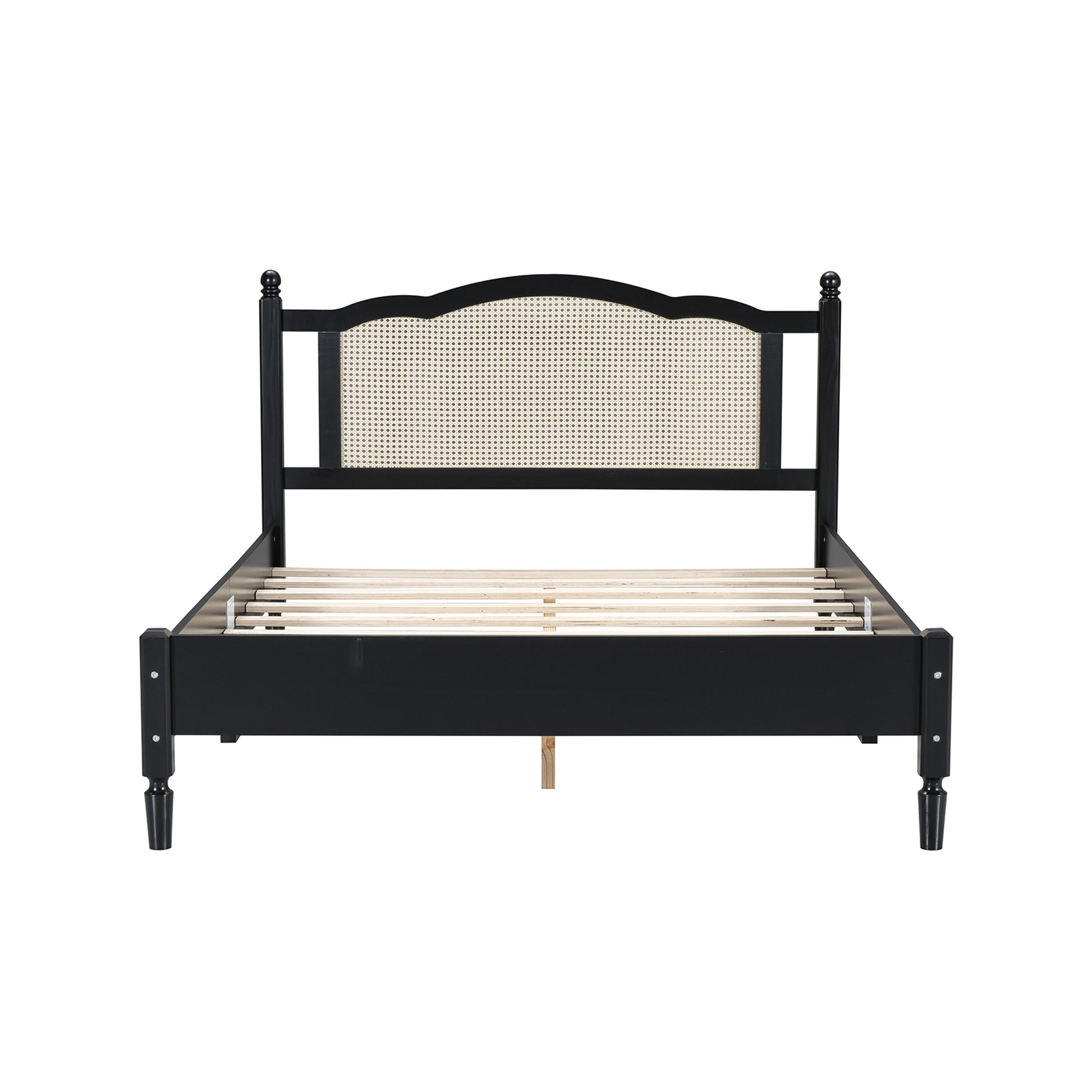 Queen Size Wooden Platform Bed With Natural Rattan Headboard, Vintage Bed Frame With Wooden Slat Support, Black Box Spring Not Required Queen Black Wood