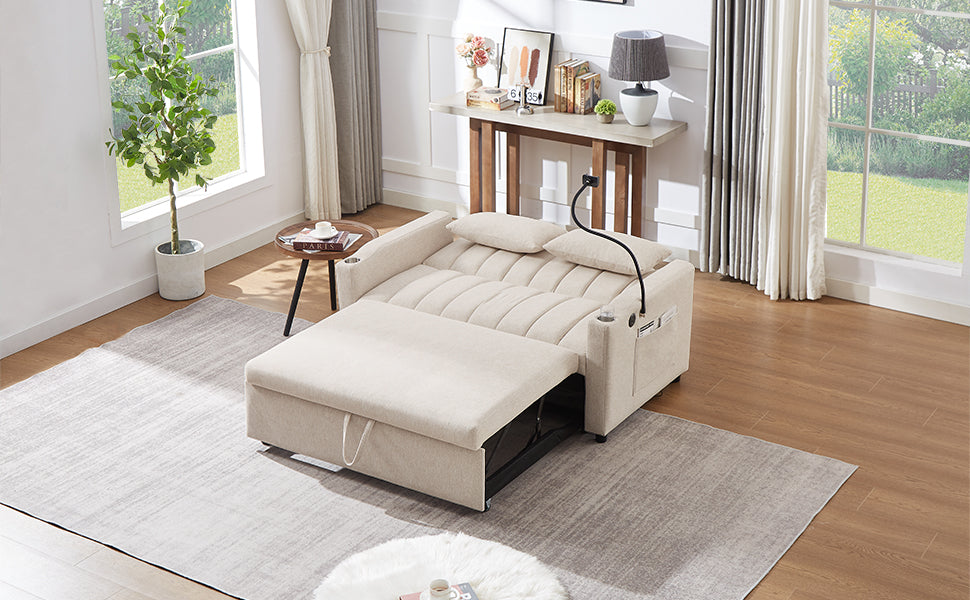 55.9" Convertible Sofa Bed Loveseat Sofa With Three Usb Ports, Two Side Pockets, Two Cup Holders And 360 Swivel Phone Holder For Living Room, Beige Beige Foam Polyester