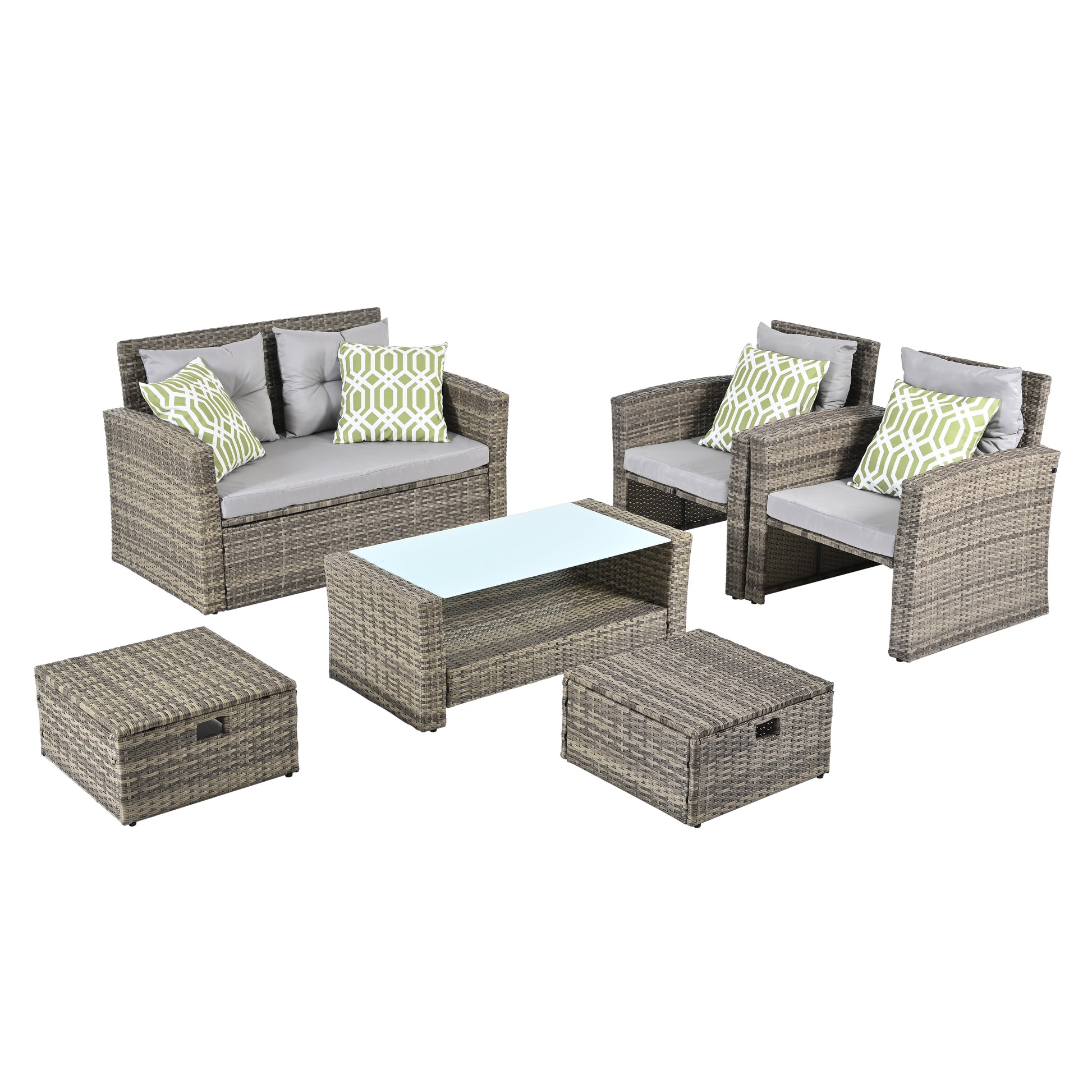 Patio Furniture, Outdoor Furniture, Seasonal Pe Wicker Furniture, 6 Set Wicker Furniture With Tempered Glass Coffee Table Brown Pe Rattan Iron Waterproof Fabric