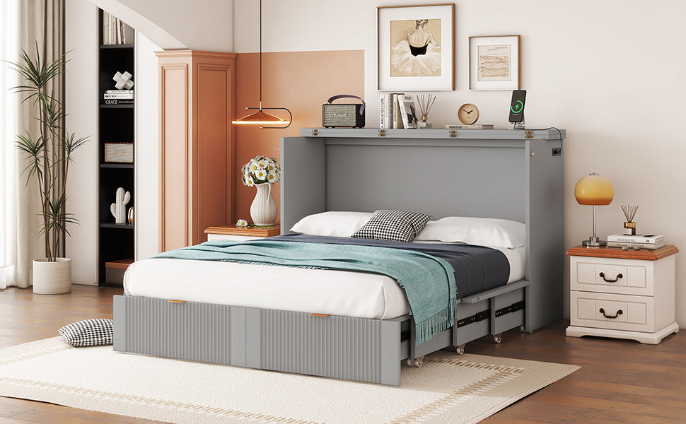 Full Size Murphy Bed With Drawer And A Set Of Sockets & Usb Ports, Pulley Structure Design, Gray Full Gray Plywood