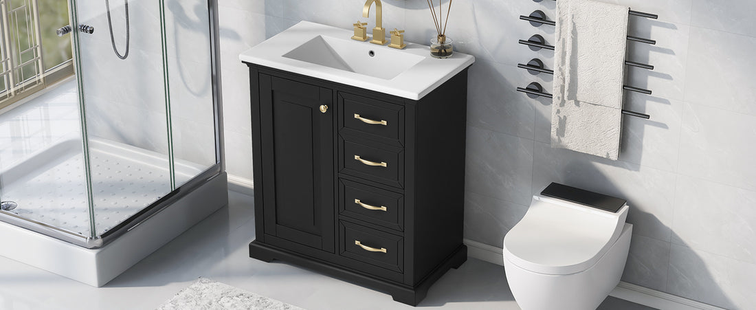 30" Bathroom Vanity With Sink, One Package, Black Bathroom Cabinet With Drawers, Solid Frame And Mdf Board Black Solid Wood Mdf