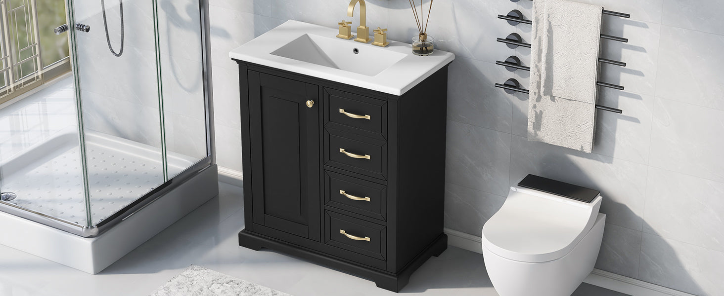 30" Bathroom Vanity With Sink, One Package, Black Bathroom Cabinet With Drawers, Solid Frame And Mdf Board Black Solid Wood Mdf
