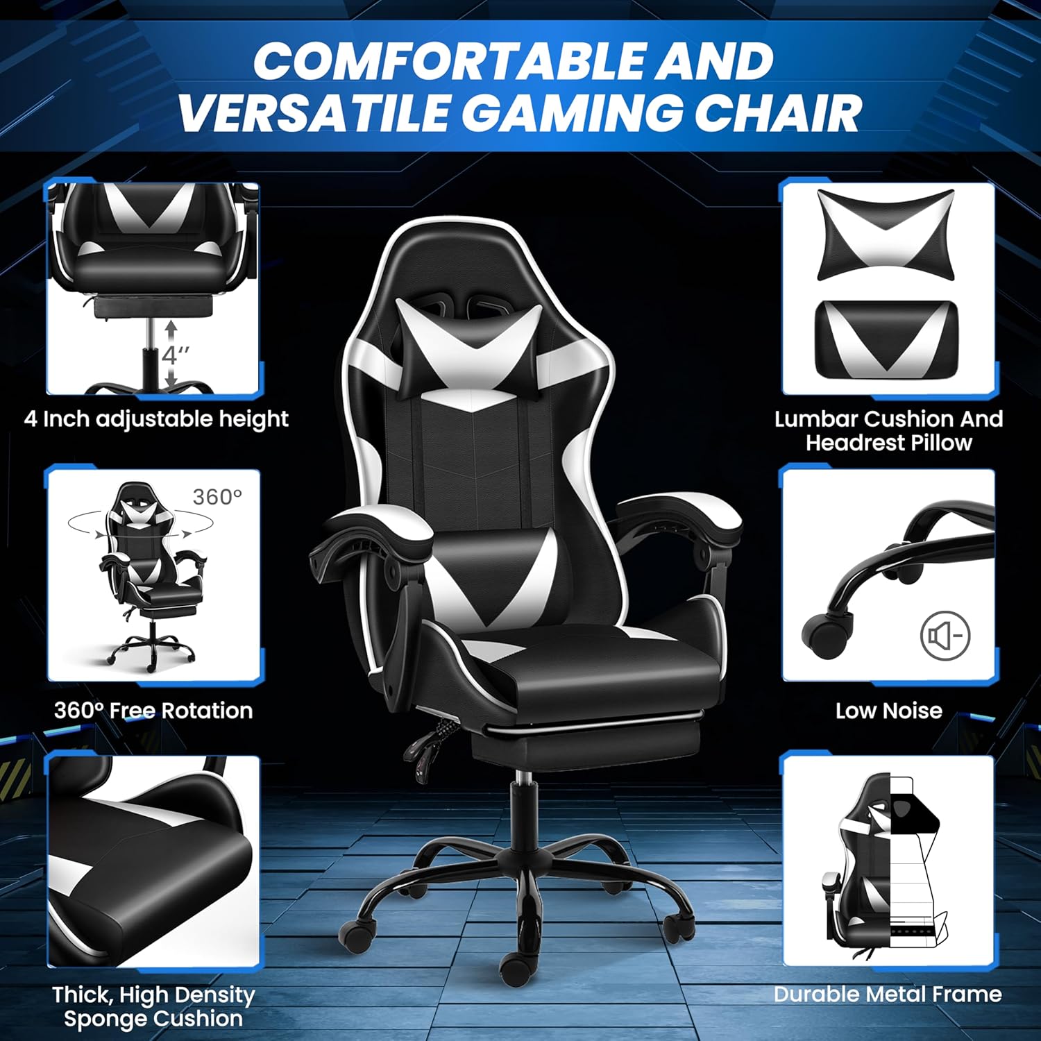Gaming Chair With Footrest, Big And Tall Gamer Chair, Racing Style Adjustable Swivel Office Chair, Ergonomic Video Game Chairs With Headrest And Lumbar Support White Black Faux Leather