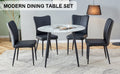Table And Chair Set. Large Modern White Imitation Marble Patterned Round Table With Black Metal Legs. Nice Minimalism, Comfortable Seats And Black Metal Legs. White Black Seats 4 Glass Metal