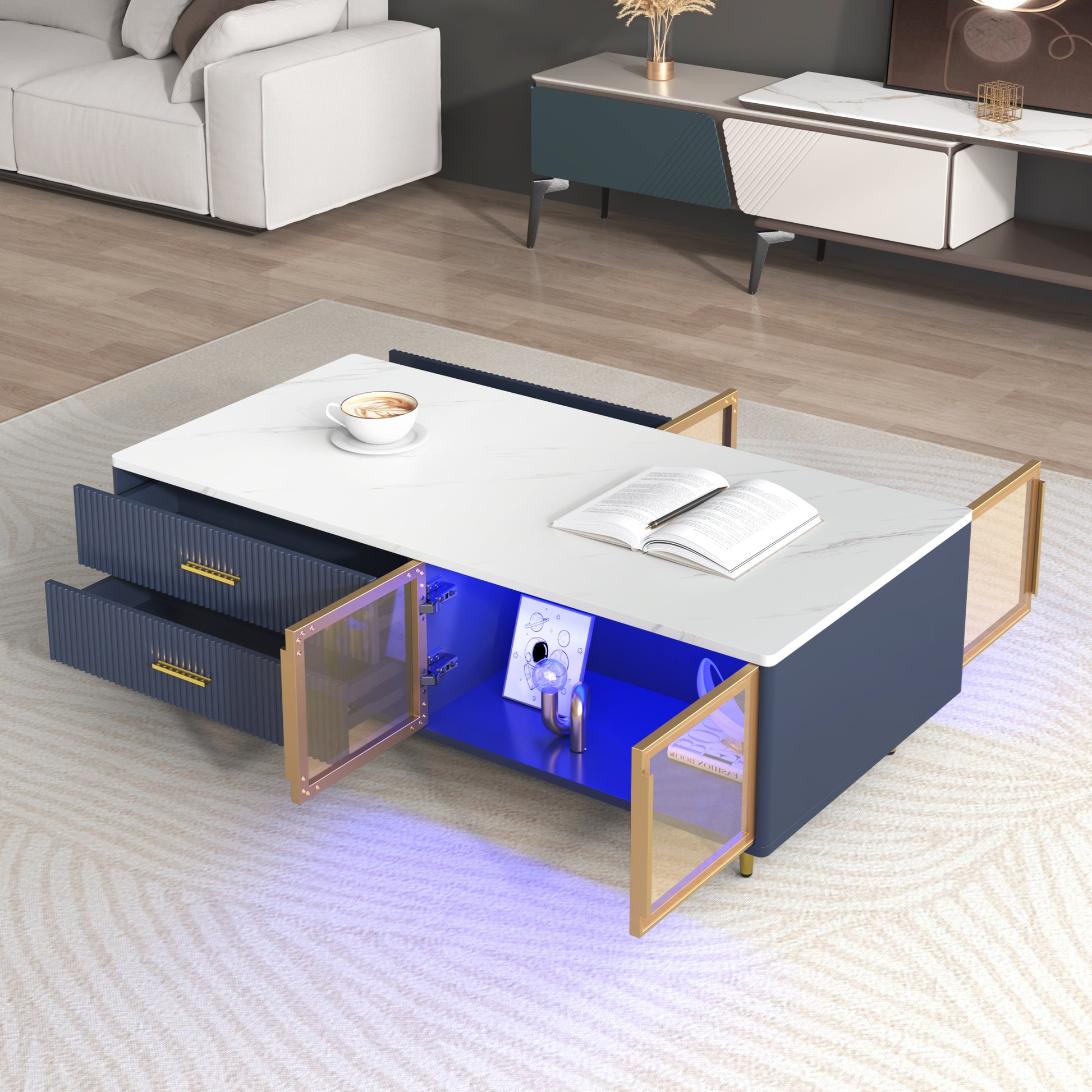 Modern Navy Blue Coffee Table With 2 Glass Door Storage, 4 Drawers, Gold Metal Legs, And Multi Color Lighting In 47.2'' Navy Blue Drawers Mdf