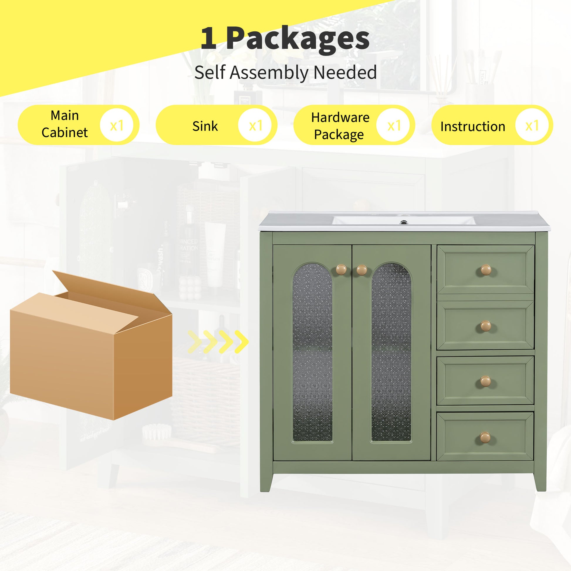 36 Inch Bathroom Vanity With Two Soft Close Doors, Adjustable Shelves And Three Soft Close Drawers Green Bathroom Solid Wood Mdf