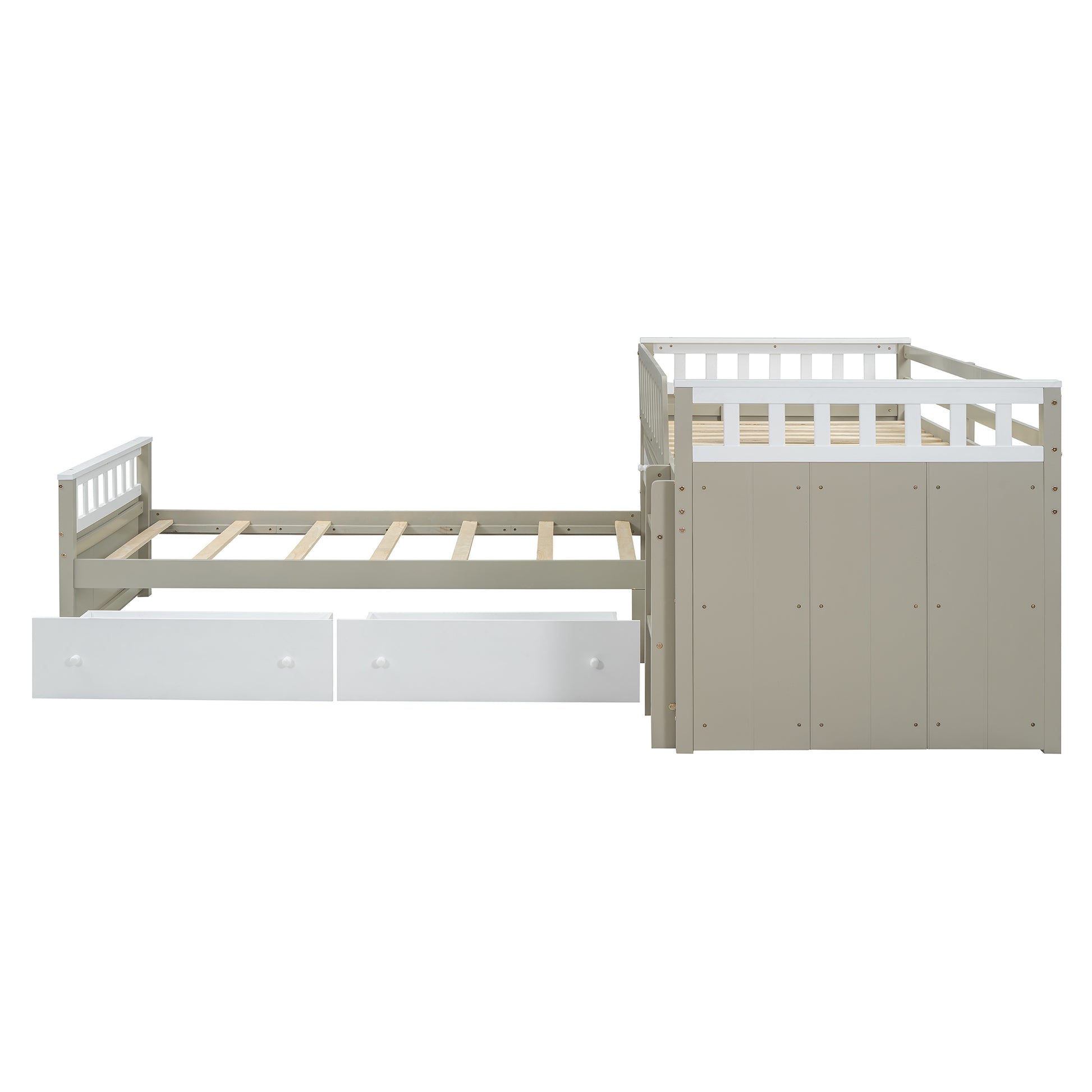 L Shaped Space Saving Twin Loft And Twin Platform Bed With 7 Drawers And Full Guardrails White Light Brown Twin Brown White Solid Wood