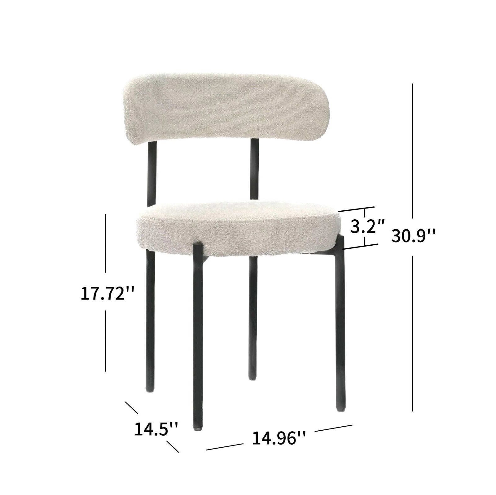 White Boucle Dining Chairs Set Of 2,Mid Century Modern Curved Backrest Chair,Round Upholstered Kitchen Chairs Metal White Dining Room Round Modern Banquet Chair Velvet