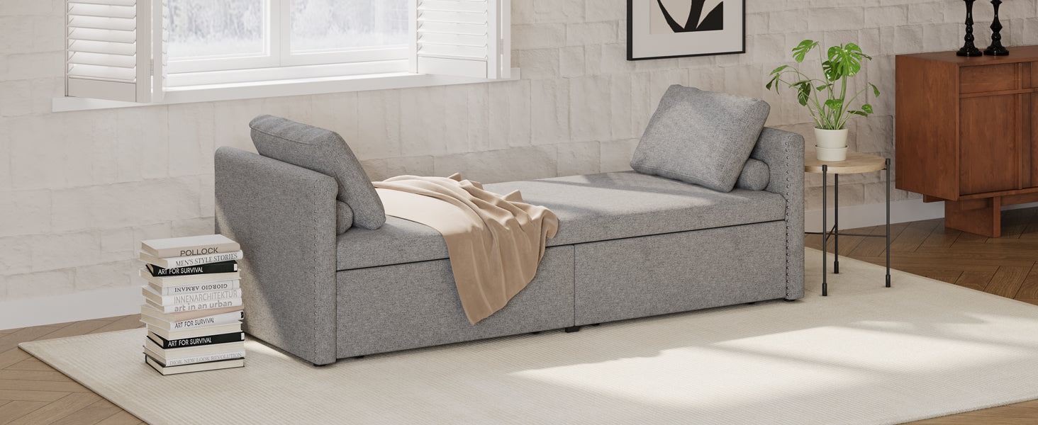 Modern Upholstered Chaise Lounger Daybed Small Single Daybed With 2 Drawers, No Mattress Needed, Perfect For Living Rooms & Home Office, Linen Fabric, Gray Gray Linen