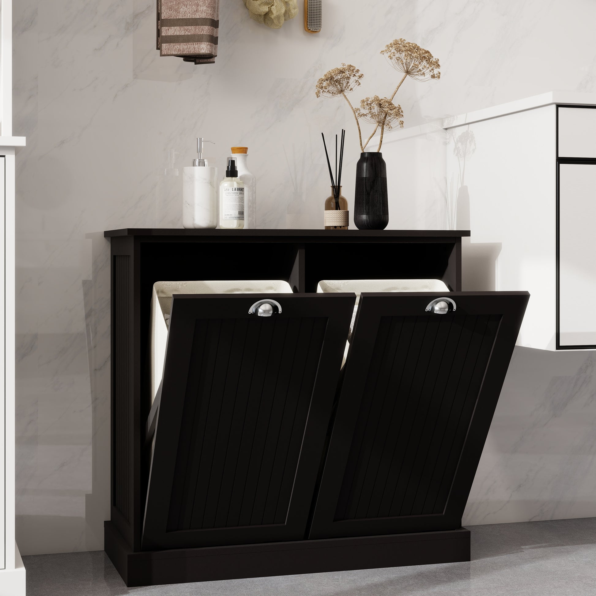 Two Compartment Tilt Out Laundry Sorter Cabinet Black Black Mdf