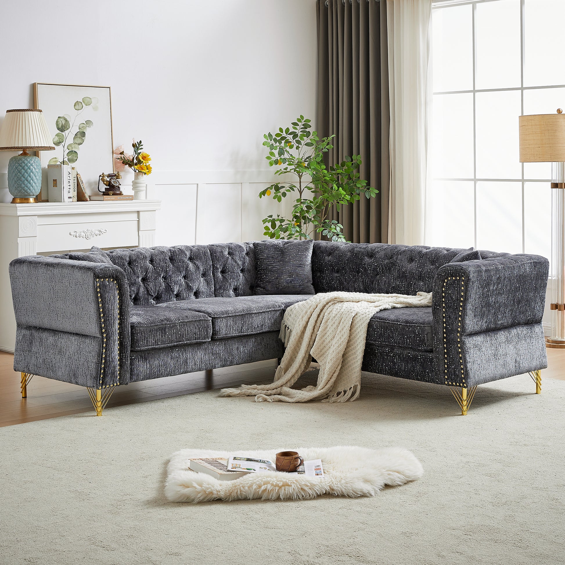 81.5 Inch Chenille Corner Sofal Shaped Sectional Couch, 5 Seater Corner Sofas With 3 Cushions For Living Room, Bedroom, Apartment, Office Grey Foam Chenille 5 Seat