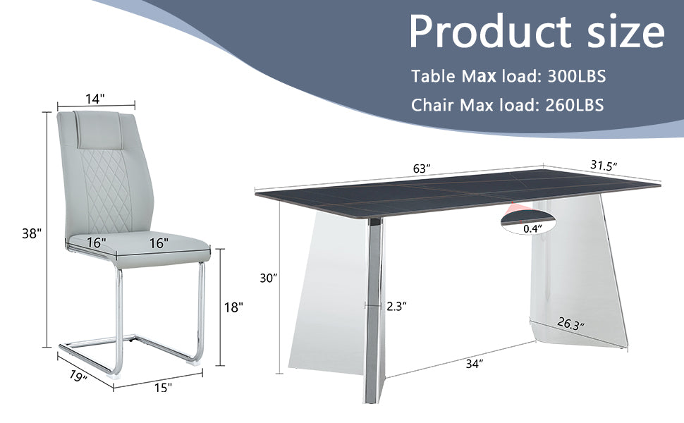 Table And Chair Set.63"X31.5X30" Black Marble Patterned Slabs Tabletop With Stainless Steel Butterfly Legs.Paried With 4 Light Gray High Quality Pu Chairs With Silver Metal Legs. Light Gray,Silver