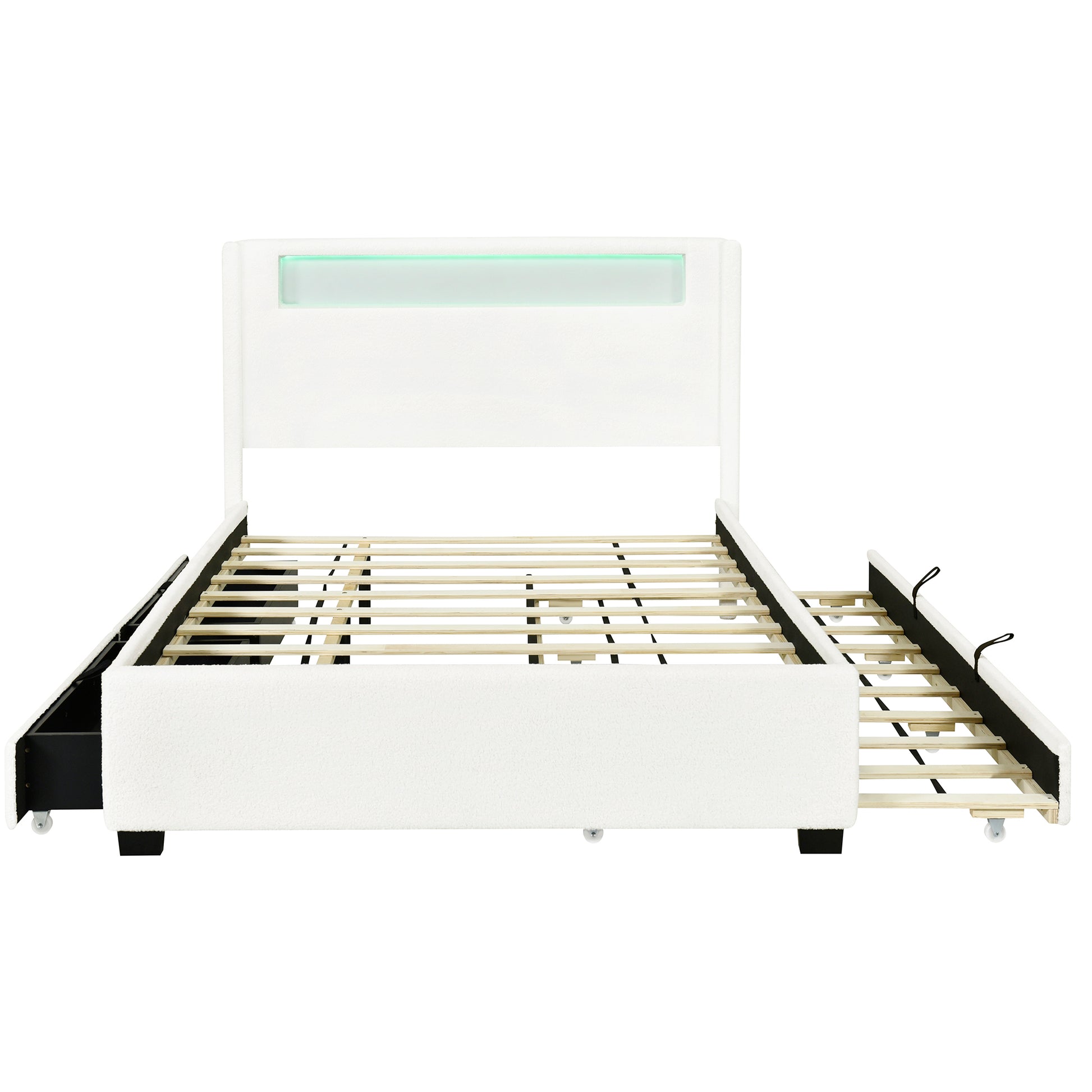 Full Size Upholstered Platform Bed With Led Frame, With Twin Size Trundle And 2 Drawers, Teddy Fleece, White White Fleece