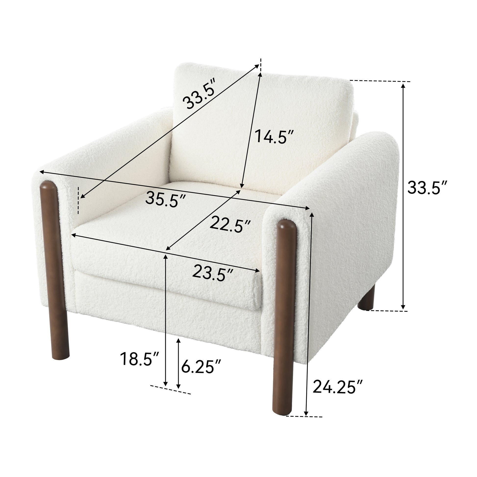 Oversized Accent Chair, Upholstered Living Room Chairs Single Sofa Chair With Walnut Legs, Curved Handrail, White White Teddy