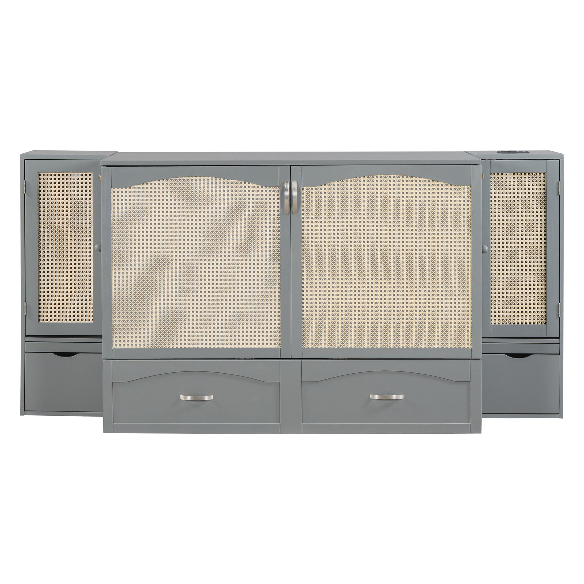 Full Size Murphy Bed Wall Bed With Drawer And Rattan Decoration With 2 Storage Cabinets, One Set Of Sockets & Usb Ports, Pulley Structure Design, Gray Full Gray Plywood