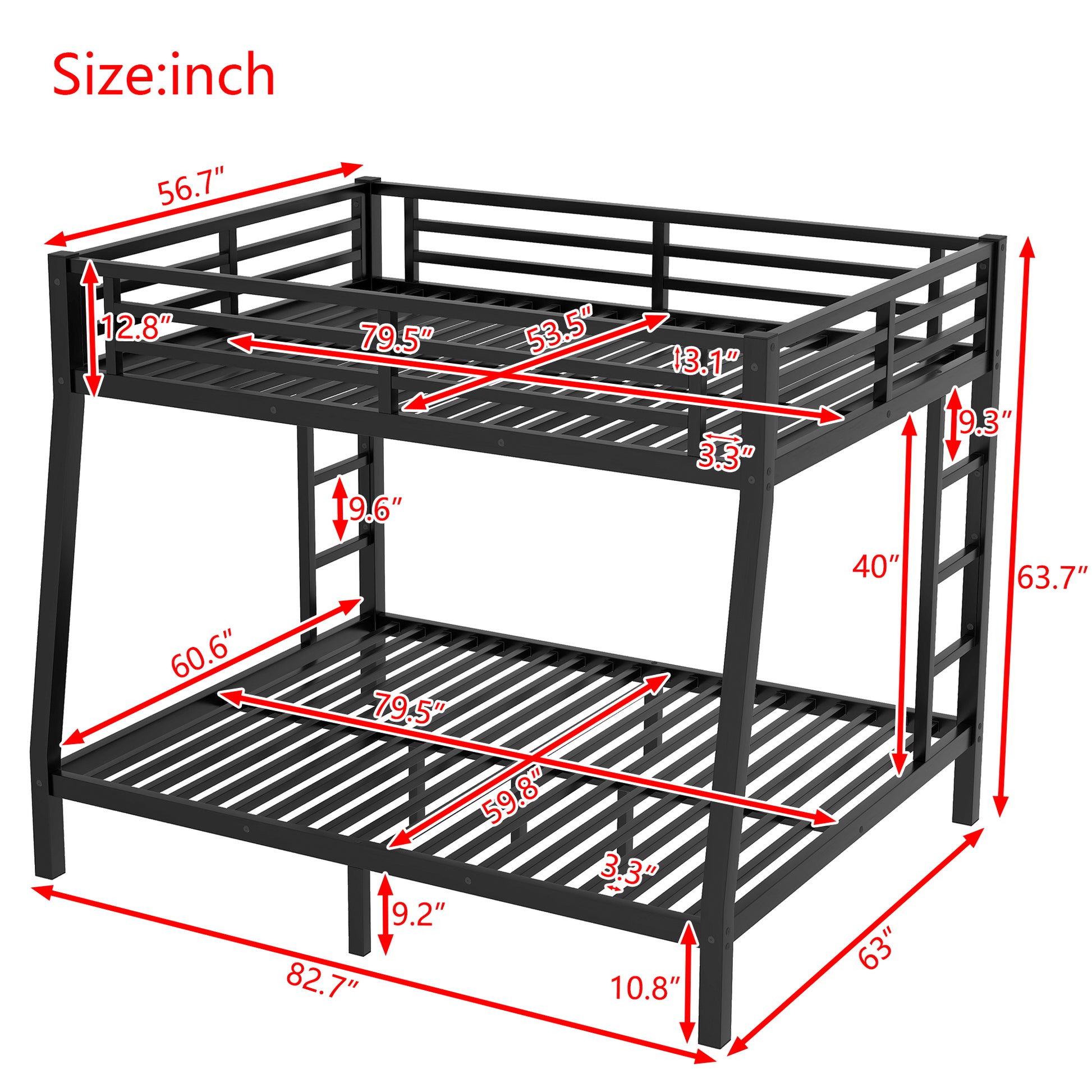 Metal Full Xl Over Queen Bunk Bed For Teens And Adults,Space Saving Noise Reduced No Box Spring Needed,Black Full Xl Black Metal