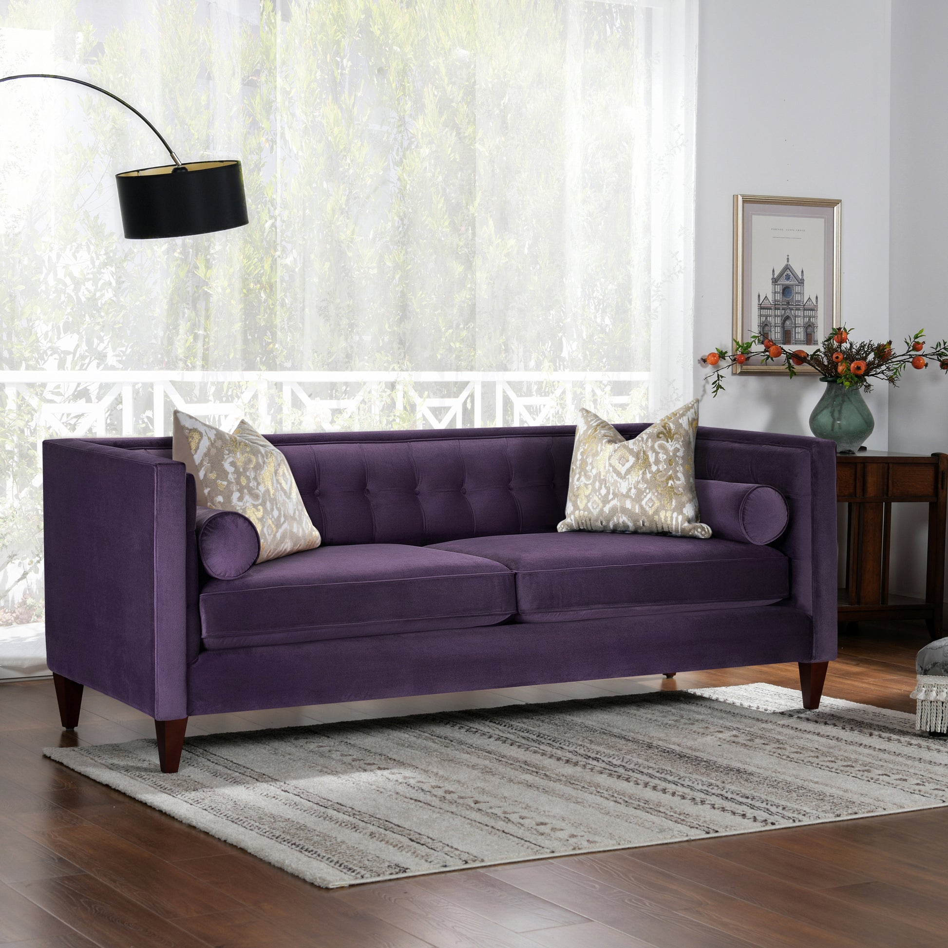 Jack 84" Modern Tuxedo Tufted Sofa, Purple Velvet Purple Foam Velvet 3 Seat