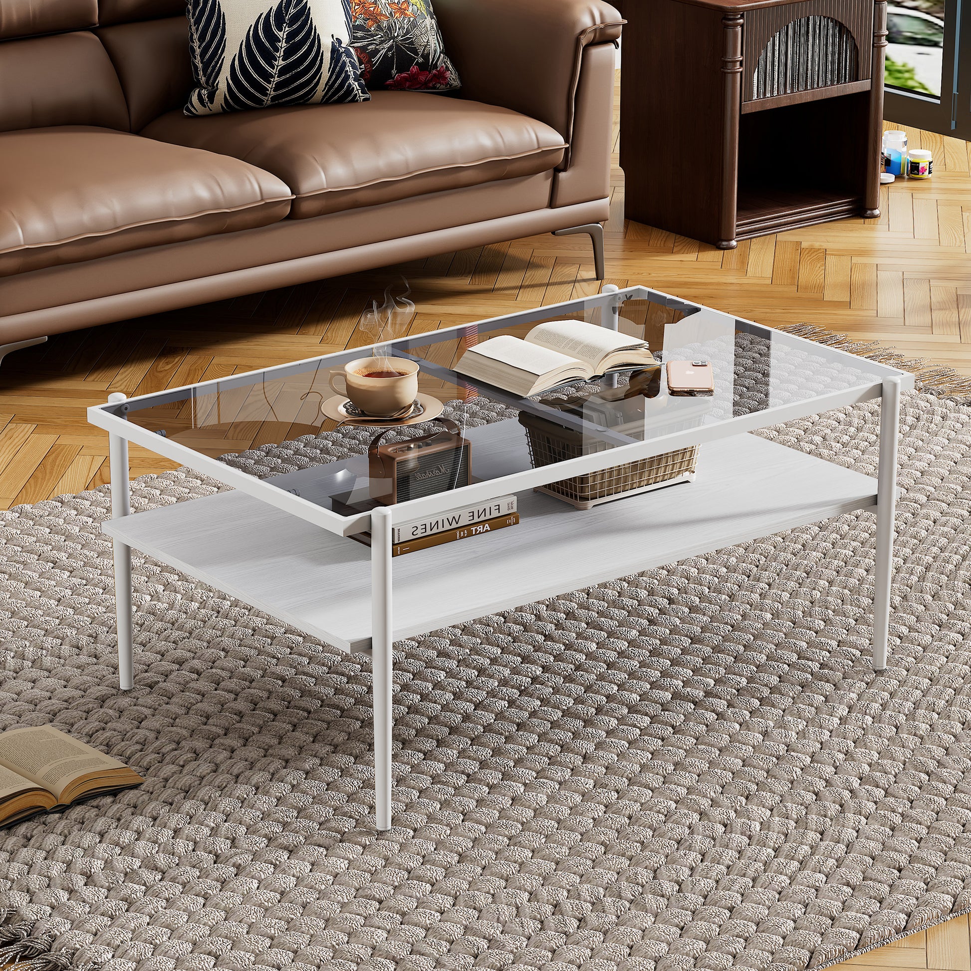 Rectangle Coffee Table With Gray Tempered Glass Top And White Legs, Modern Table For Living Room Gray Tempered Glass