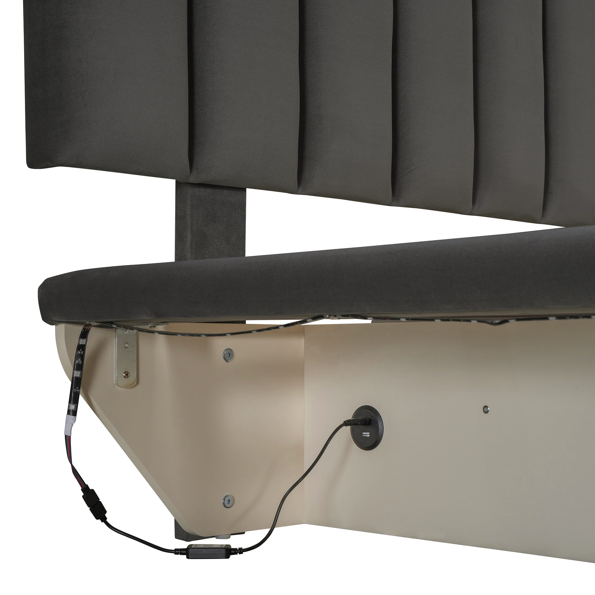 Queen Size Upholstered Floating Bed With Led Light And Usb Port, Velvet, Gray, Hydrualic Platform Bed Queen Gray Velvet