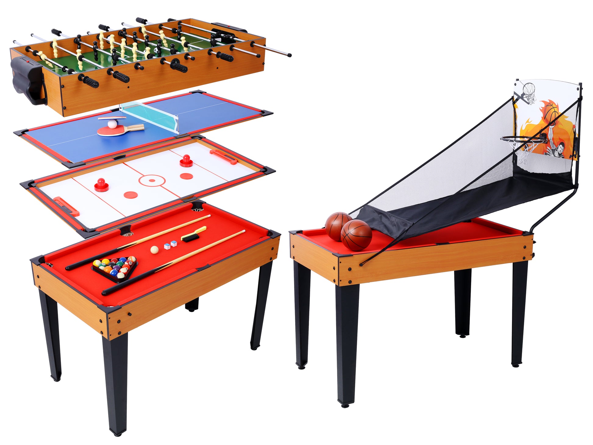 5 In 1 Multi Game Table Billiards, Push Hockey, Foosball, Ping Pong, And Basketball Brown Red Brown Mdf Steel
