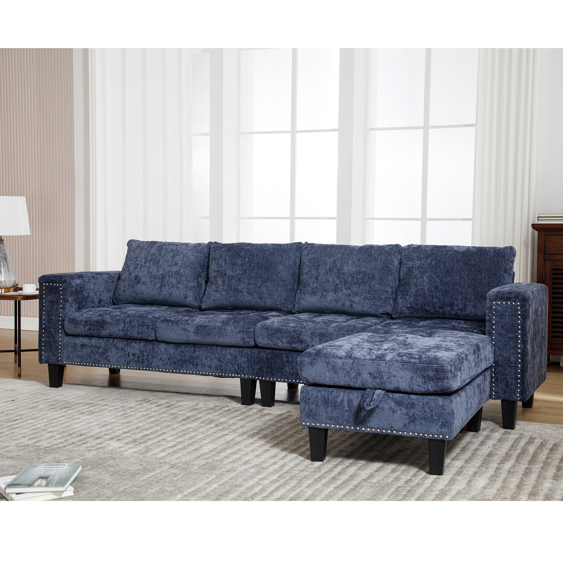 Arrived 5 Seat Modular Sofa,With Storage Ottoman, Convertible Sectional Sofa, L Shaped Couchreversible Chaise ,Riveted Sofa,Chenille, Blue Blue Polyester Wood Primary Living Space Medium Soft Cushion Back Modern Square Arms Foam Metal & Wood 5 Seat