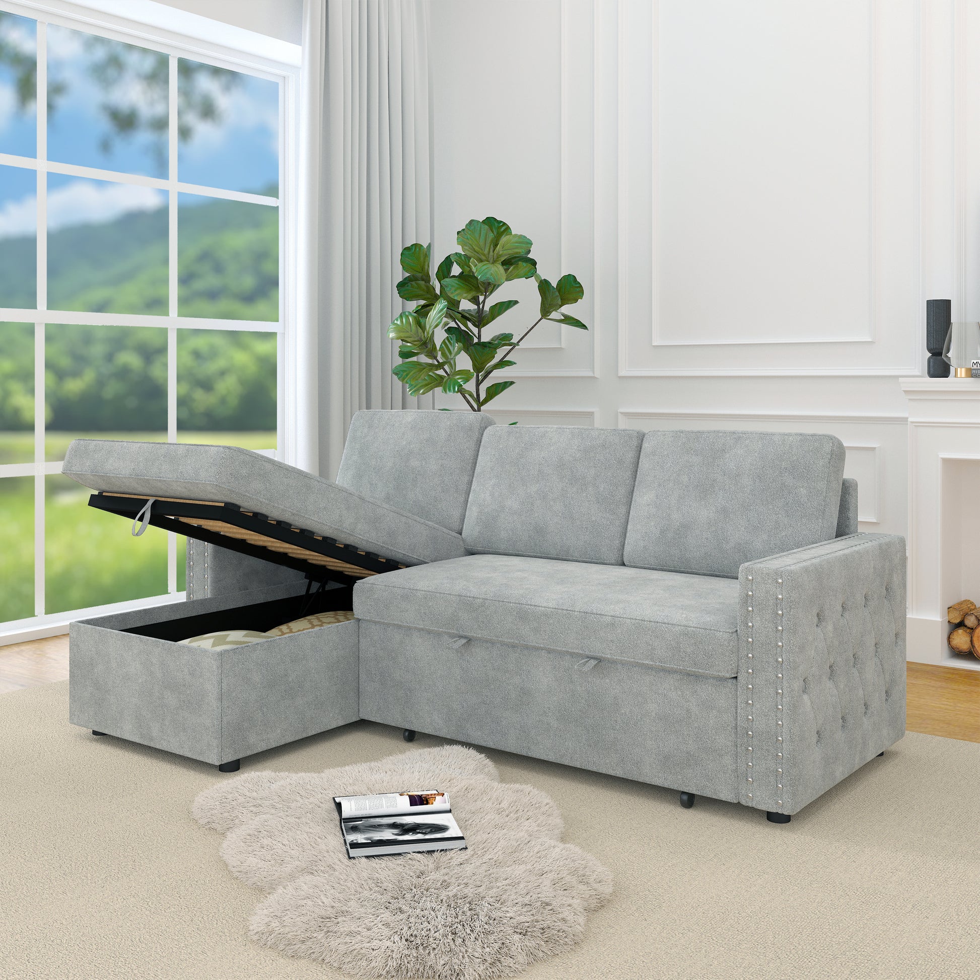 85 Inches Sofa Bed, 3 Seater Sleeper Sofa With Storage Chaise, Square Handrail With Pull And Copper Nail,Chenille Light Grey, Pull Out Couch For Living Room Light Grey Chenille 3 Seat