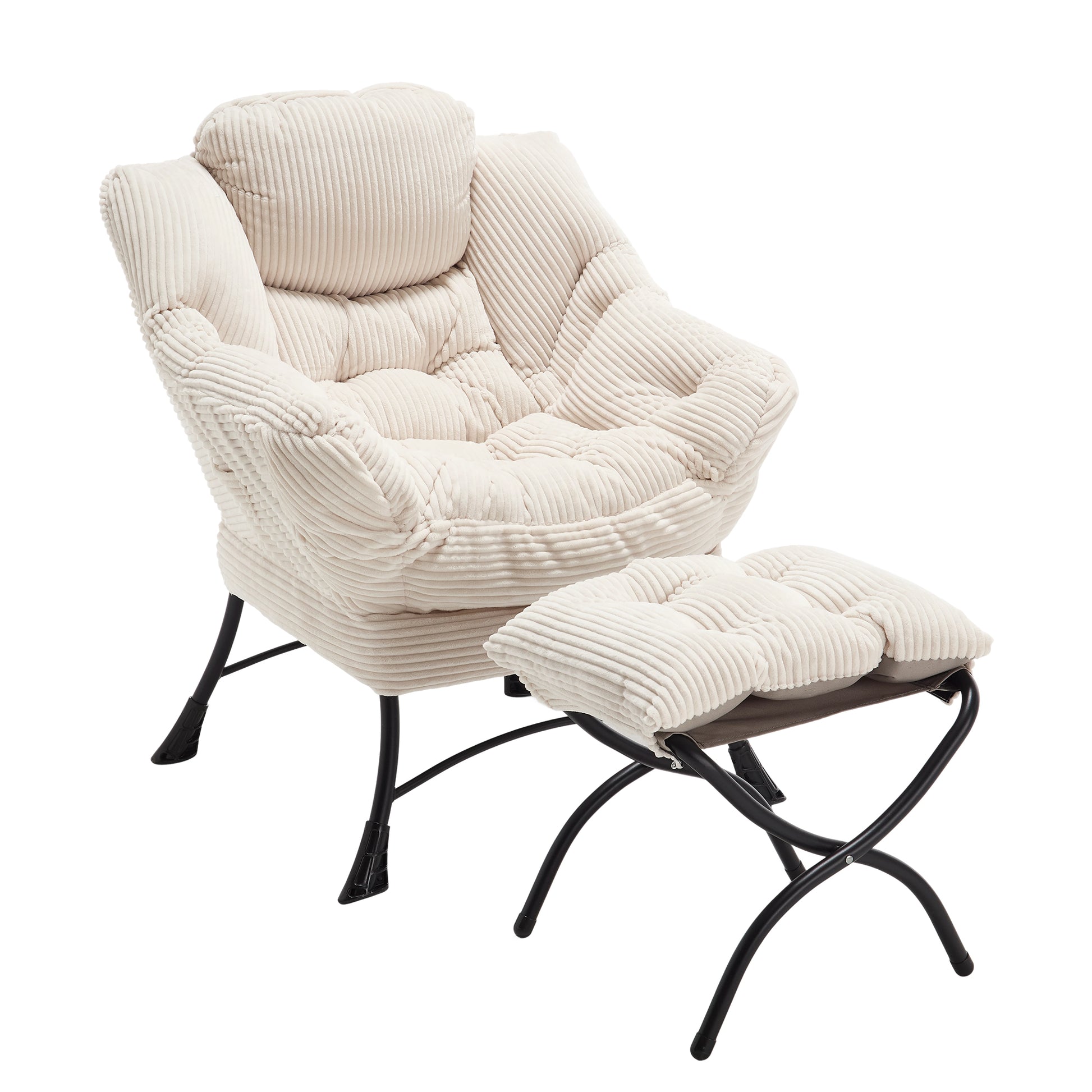 Lazy Chair With Ottoman, Modern Lounge Accent Chair With Armrests And A Side Pocket, Leisure Upholstered Sofa Chair Reading Chair With Footrest For Small Space, Corner Chair White White Cotton Steel