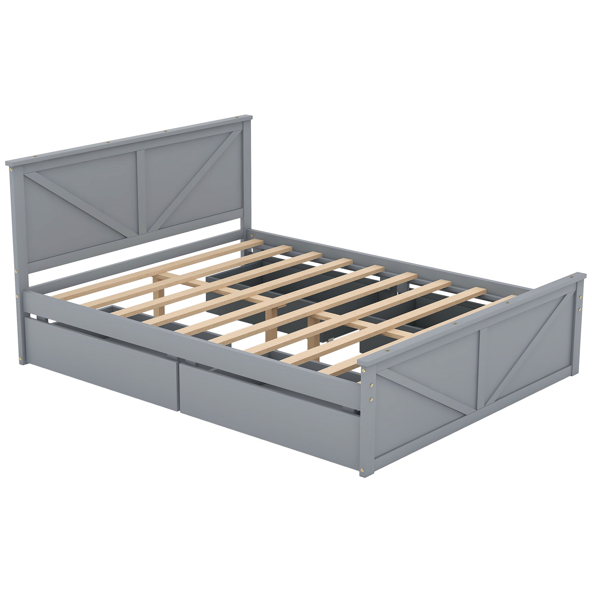Queen Size Wooden Platform Bed With Four Storage Drawers And Support Legs, Gray Queen Gray Pine